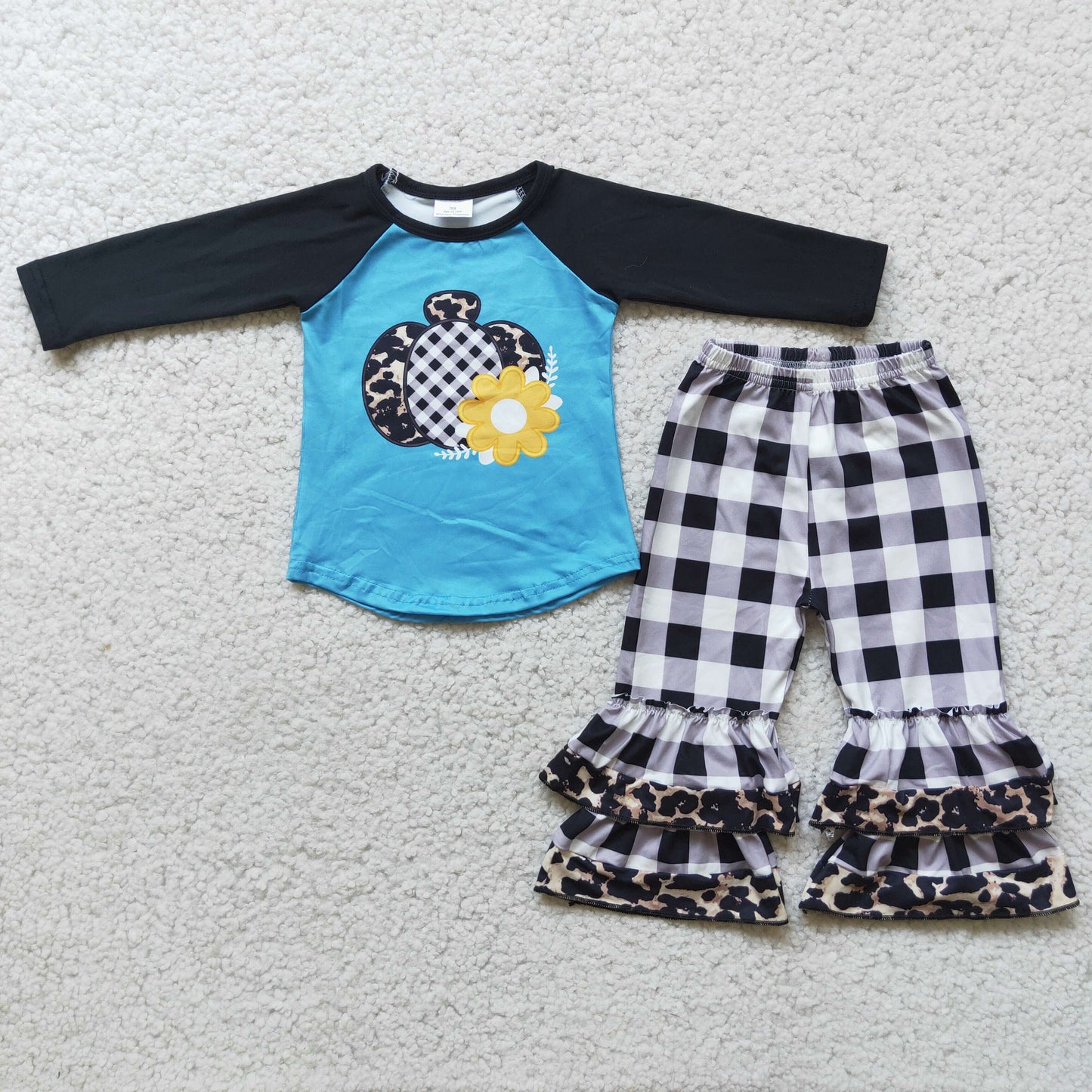 6 A2-17 Pumpkin Top Plaid Ruffle Pants Girls Fall Clothes Set