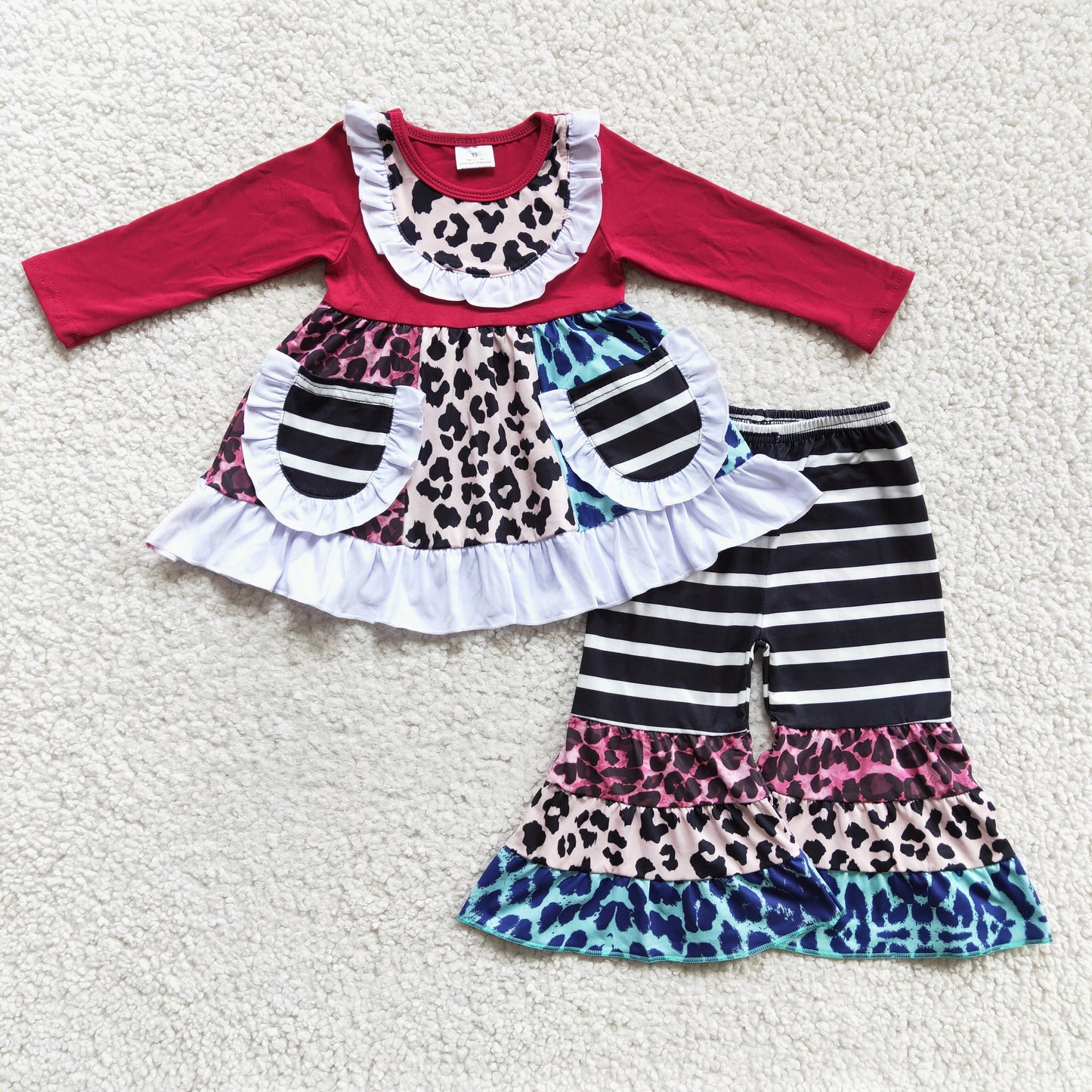(Promotion)Girls long sleeve leopard print pockets outfits 6 A22-18