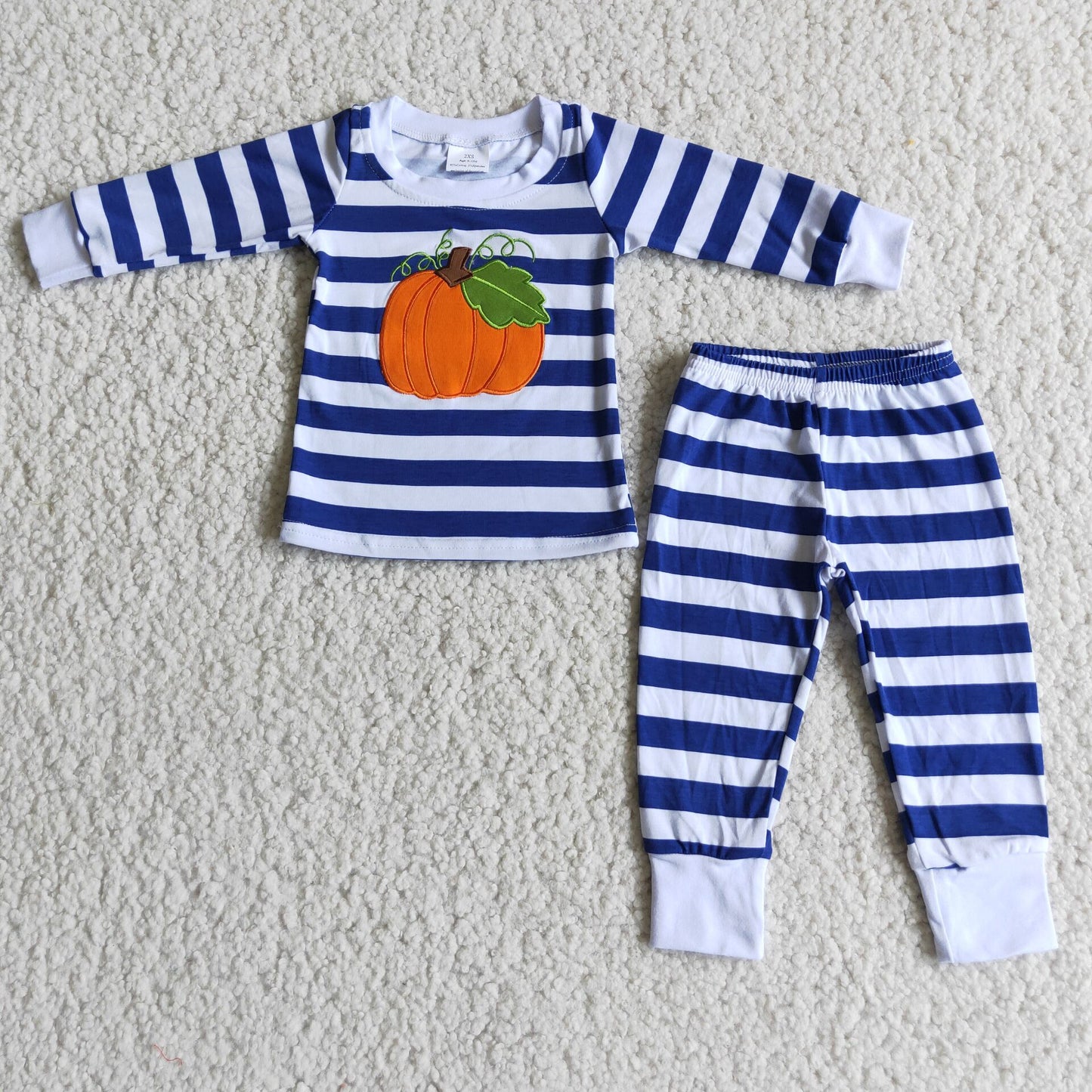 6 A25-26 Pumpkin Embroidery Blue Stripes Pants Kids Fall Pajamas Clothes Set