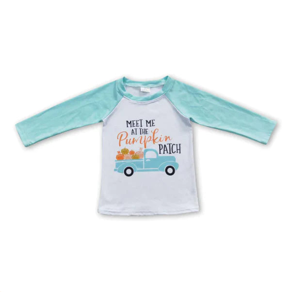 6 A32-3 Meet Me Pumpkin Tractor Boys Blue Long Sleeve Tee Shirts Tops