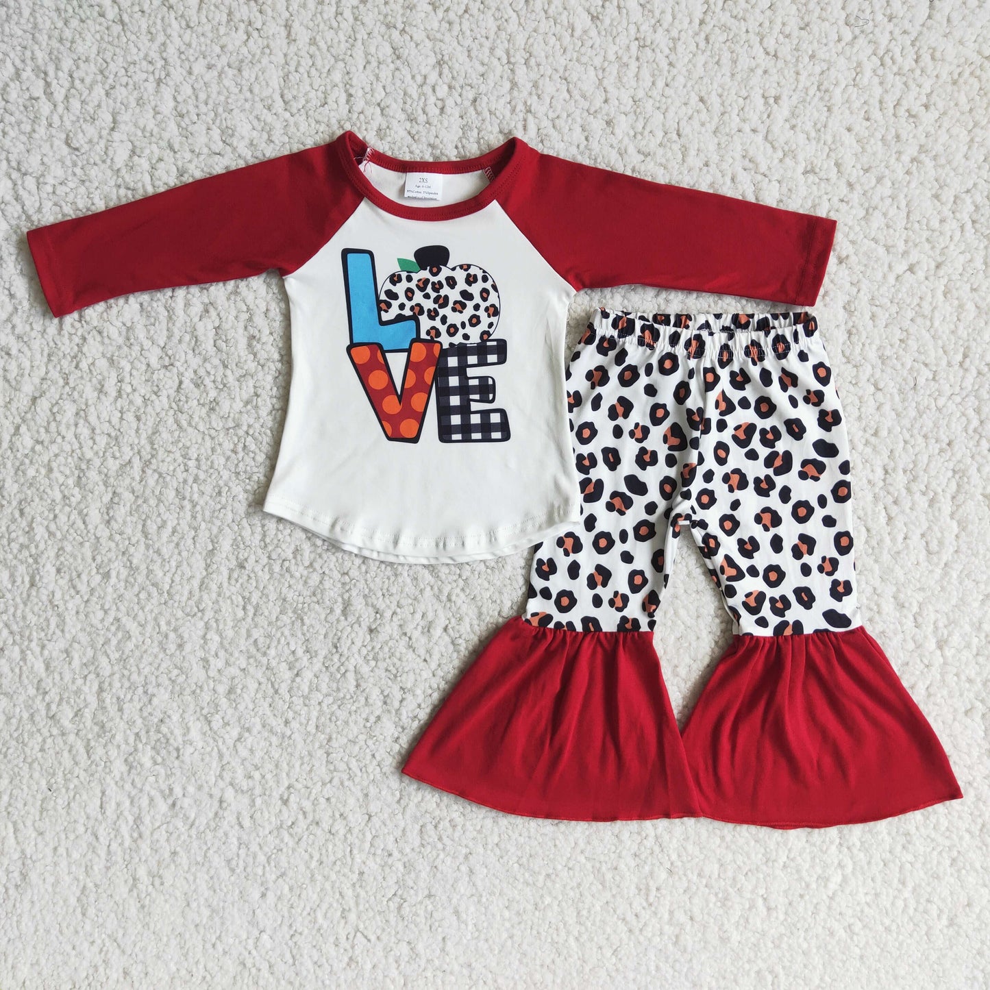 6 A4-29 LOVE Pumpkin Top Leopard Bell Pants Girls Fall Clothes Set