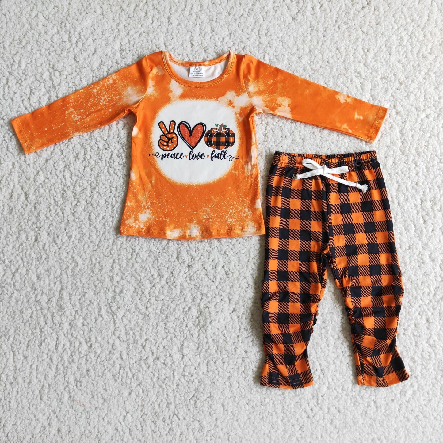 6 A9-27 Peace LOVE Fall Pumpkin Top Plaid Pants Girls Fall Clothes Set