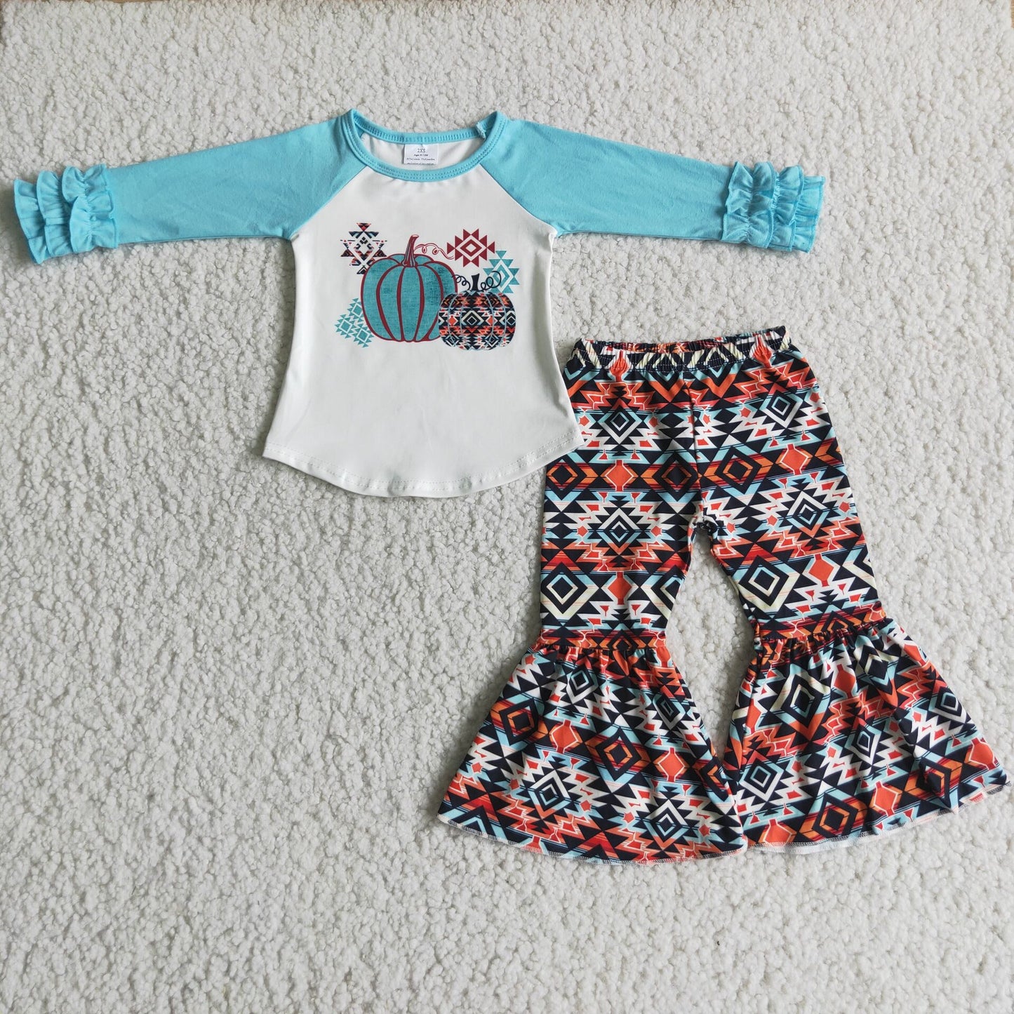 6 B11-39 Pumpkin Top Aztec Bell Pants Girls Fall Western Clothes Set