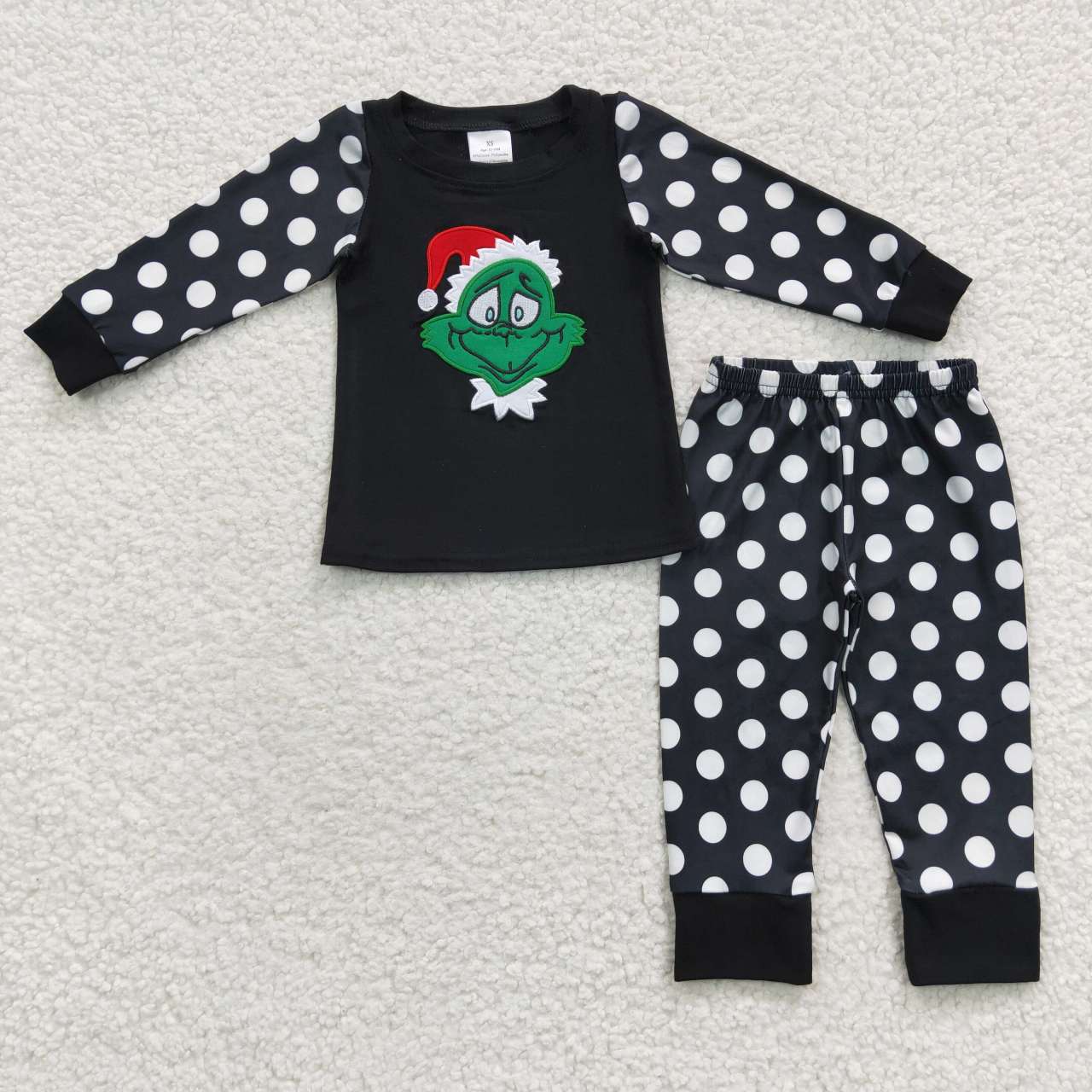 6 B13-17 Green Frog Embroidery Top Black Dots Pants Boys Christmas Pajamas Clothes Set