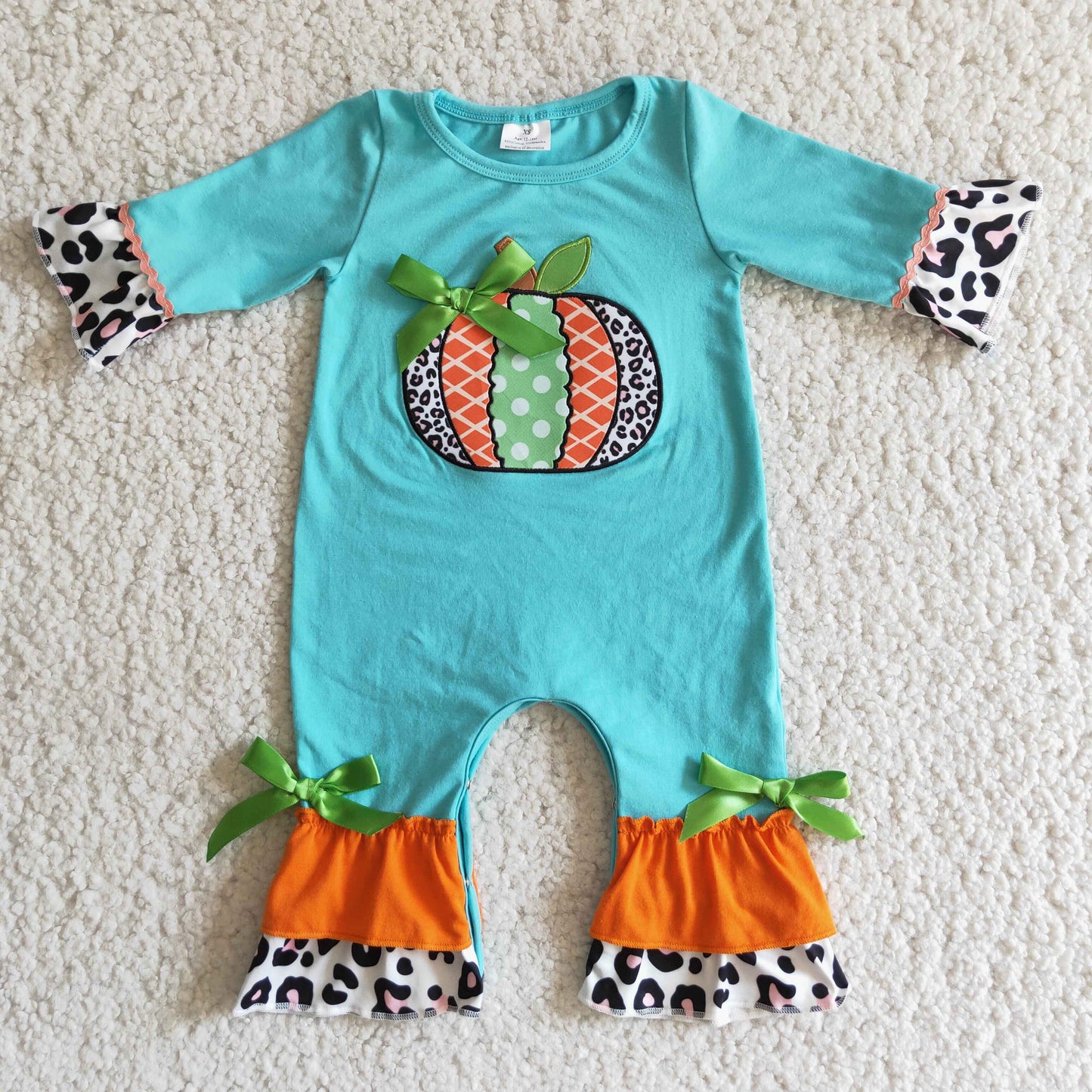 6 B2-19 Fall Pumpkin Embroidery Blue Baby Girls Ruffle Romper