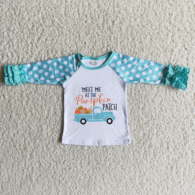 6 B2-36 Meet Me Pumpkin Tractor Girls Blue Long Sleeve Tee Shirts Tops