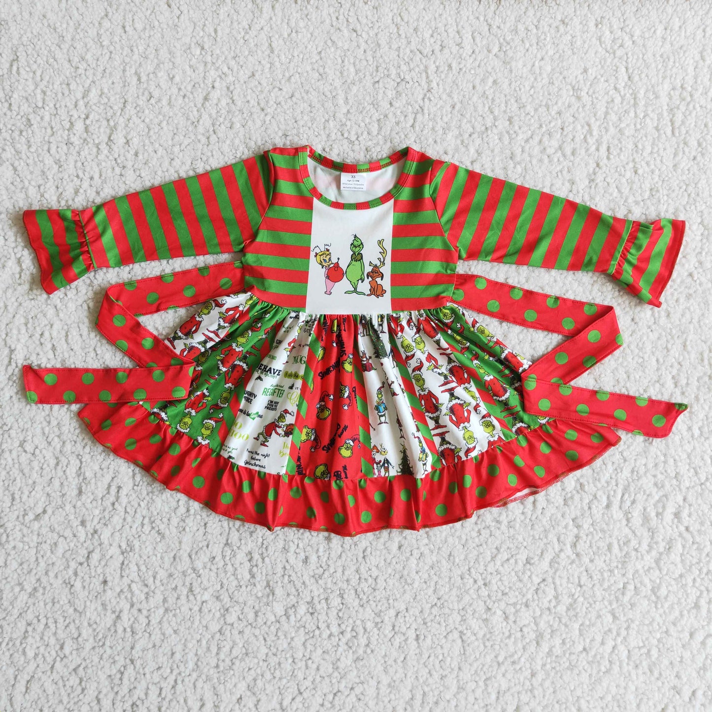 6 B3-5 Green Frog Stripes Print Girls Christmas Knee Length Dress