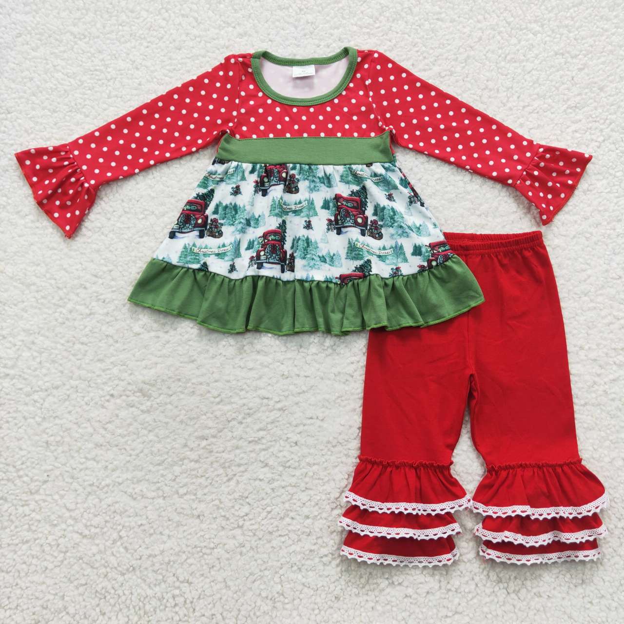 6 B5-16 Trucks Tree Dots Tunic Top Red Ruffle Pants Girls Christmas Clothes Set