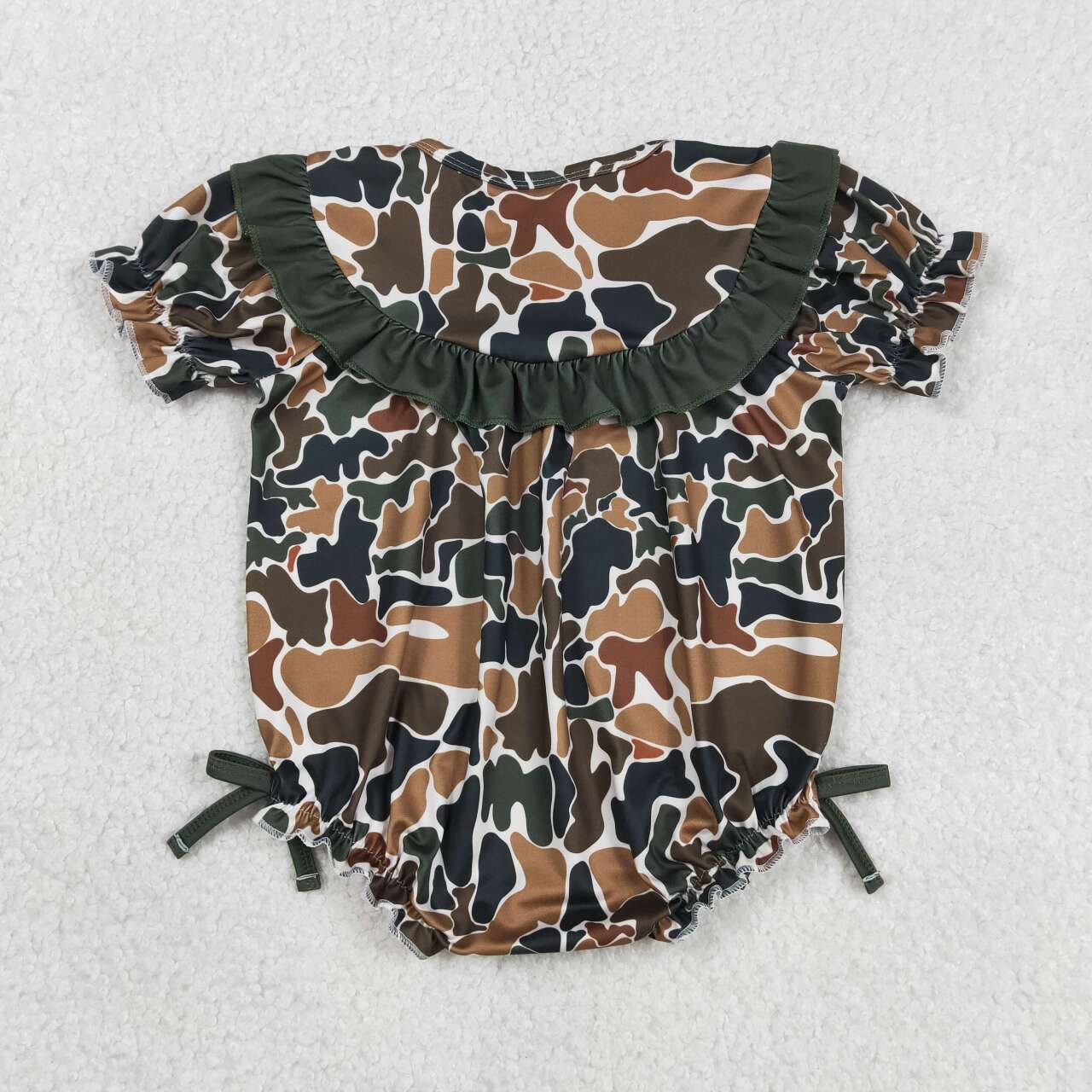 Embroidery Daddy's Girl Green Camo Short Sleeve Bubble Romper With Bow