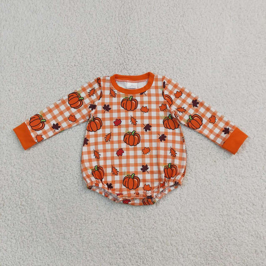 LR3236 Pumpkin Leaf Orange Checkered Baby Boys Fall Long Sleeve Bubble Romper