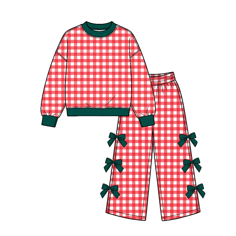 (Custom Design Preorder MOQ 5) Red Checkered Print Long Sleeve Top Wide Leg Pants with Side Bows Woman Clothes Set