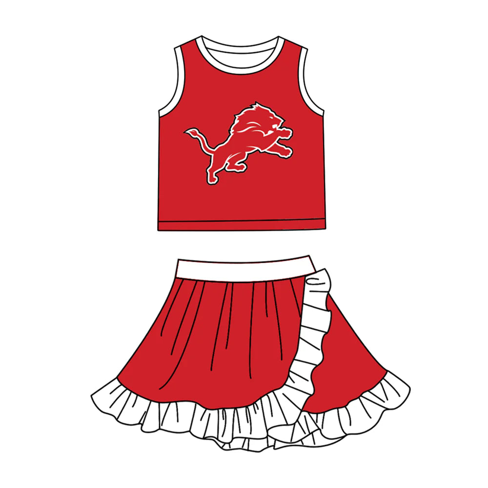 (Custom Preorder MOQ 5) Baby Girls Red Detroit Lions Vest Top Ruffle Skirt Short Team Clothes Sets