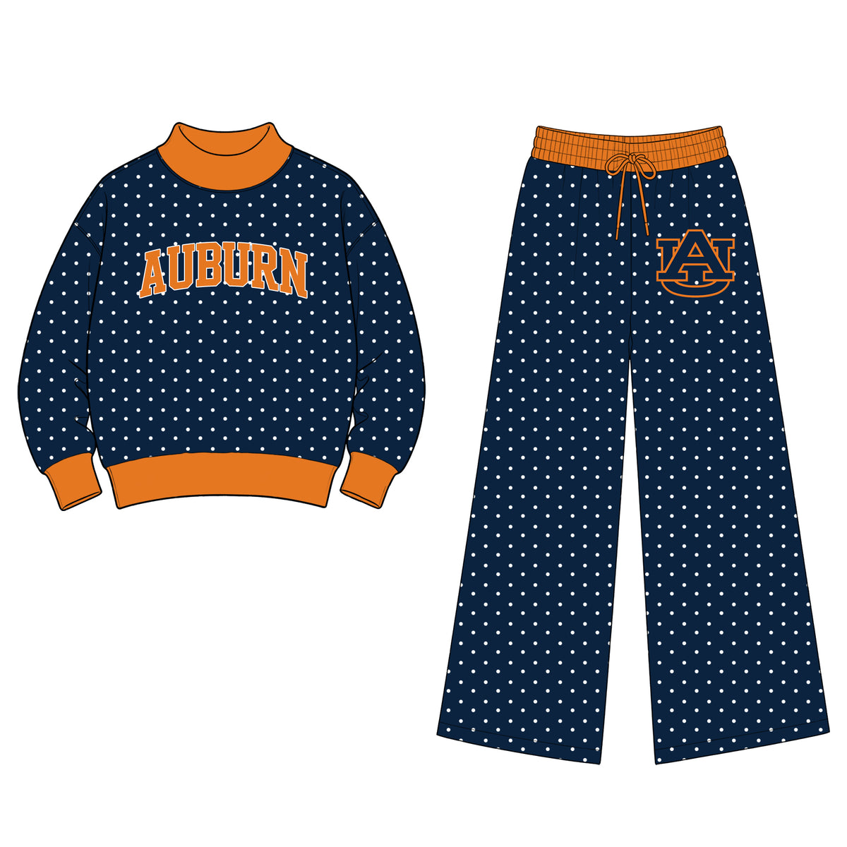 (Custom Design Preorder MOQ 5 Each) Teams AUBURN Polka Dots Mock Necks Top Logo Pockets Pants Girls & Woman Clothes Set