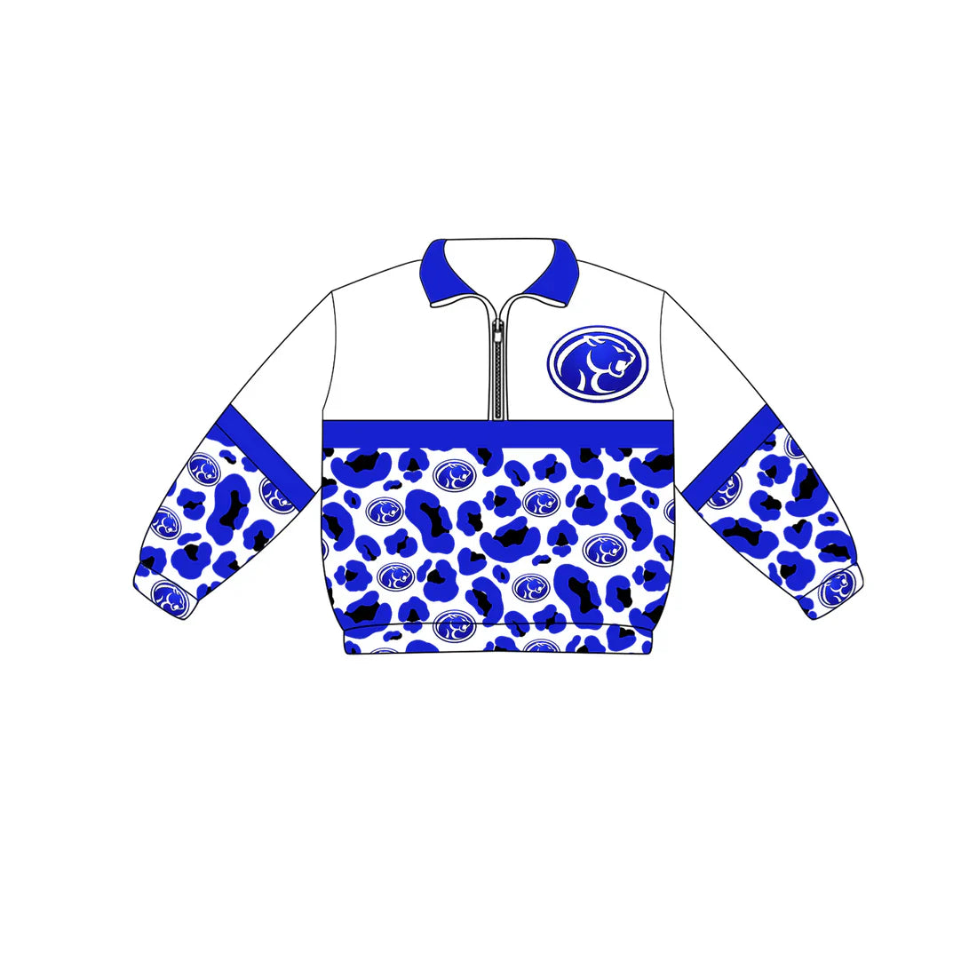 (Custom Preorder MOQ 5) Baby Boys Long Sleeve Hot Blue Leopard Cougars Team Zip Pullovers Top
