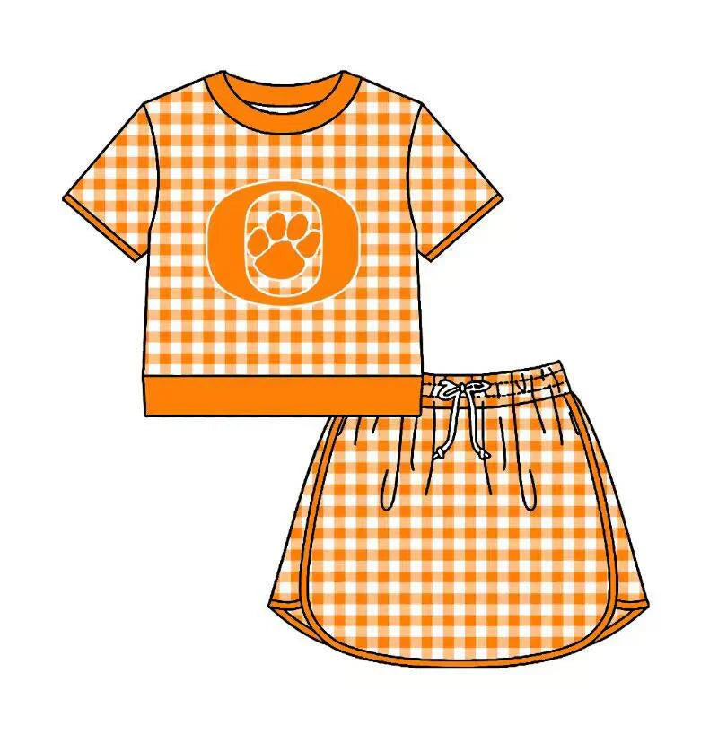 (Custom Preorder MOQ 5) Baby Girls Orange Checked Orangefield Bobcat Shirt Top Skirt Short Team Sets