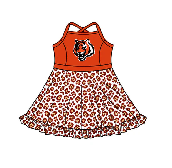 (Custom Preorder MOQ 5) Baby Girls Strap Leopard Tigers Team Knee Length Dress