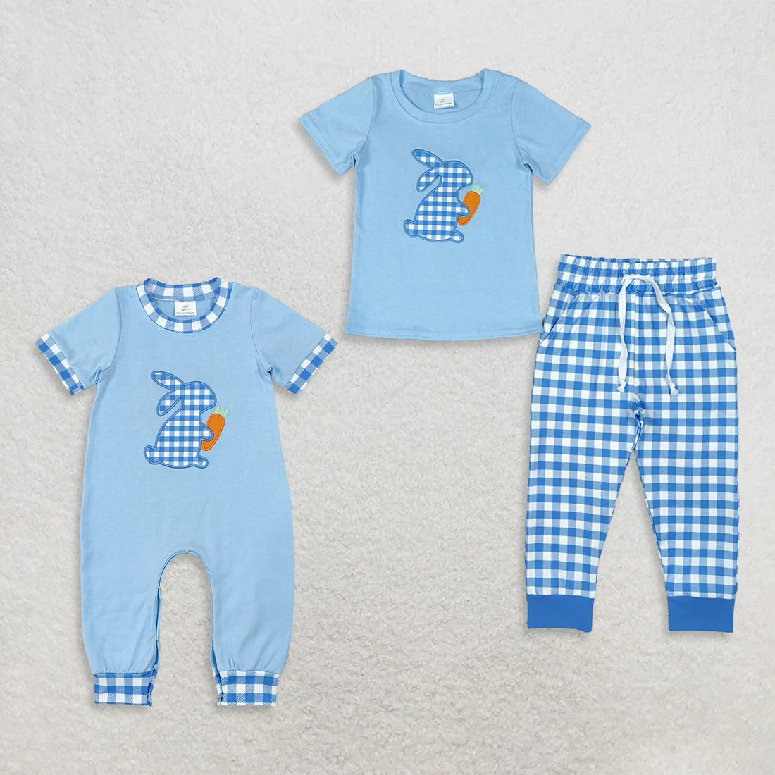 Sibling Baby Boys Easter Gingham Rabbot Pants Outfit +Romper