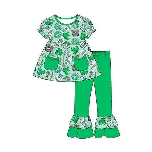 (Custom Design Preorder MOQ 5 Each) 4 Leaf Clover Bows Pockets Tunic Top Ruffle Pants Girls St Patrick Day Clothes Set Sisters Wear