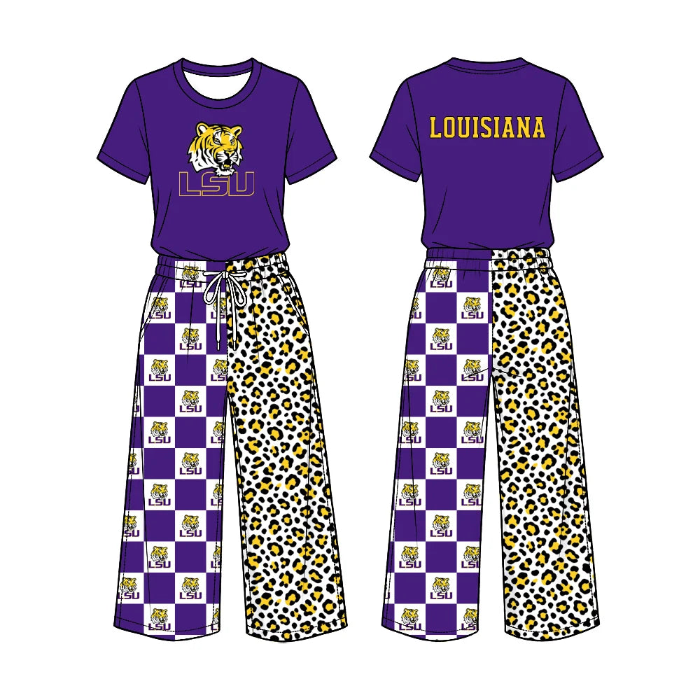 Preorder( 5 MOQ) Baby Girls Sport Team LSU Short Sleeve Top Checker Leopard Pants Outfit
