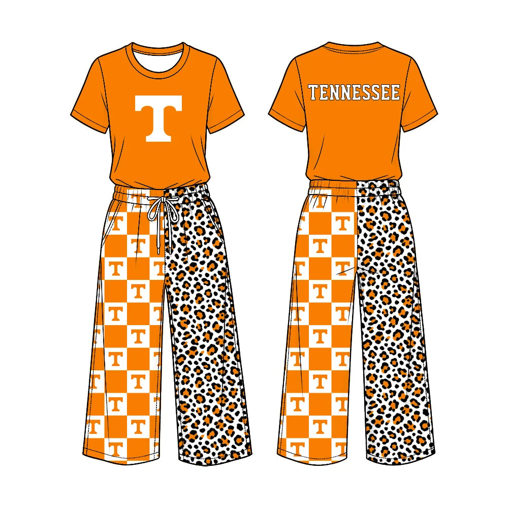 Preorder( 5 MOQ) Baby Girls Sport Team Tennessee Short Sleeve Top Checker Leopard Pants Outfit