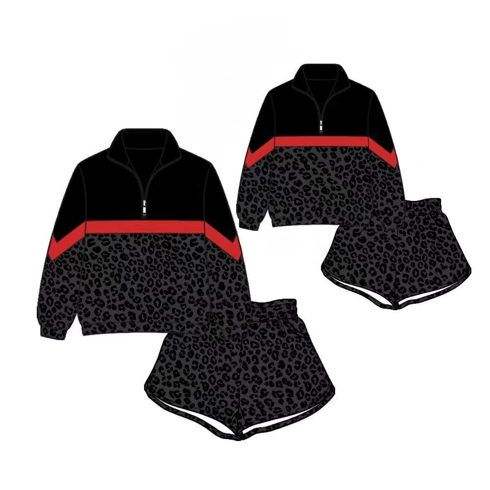 (Custom Design Preorder MOQ 5) Teams Long Sleeve Zipper Top Black Leopard Shorts Mommy and Me Outfits