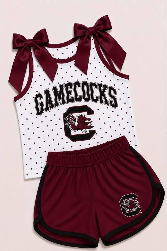 (Custom Design Preorder MOQ 5) Girls Gamecocks Bow Strap Tank & Dark Red Shorts Sport Team Outfit