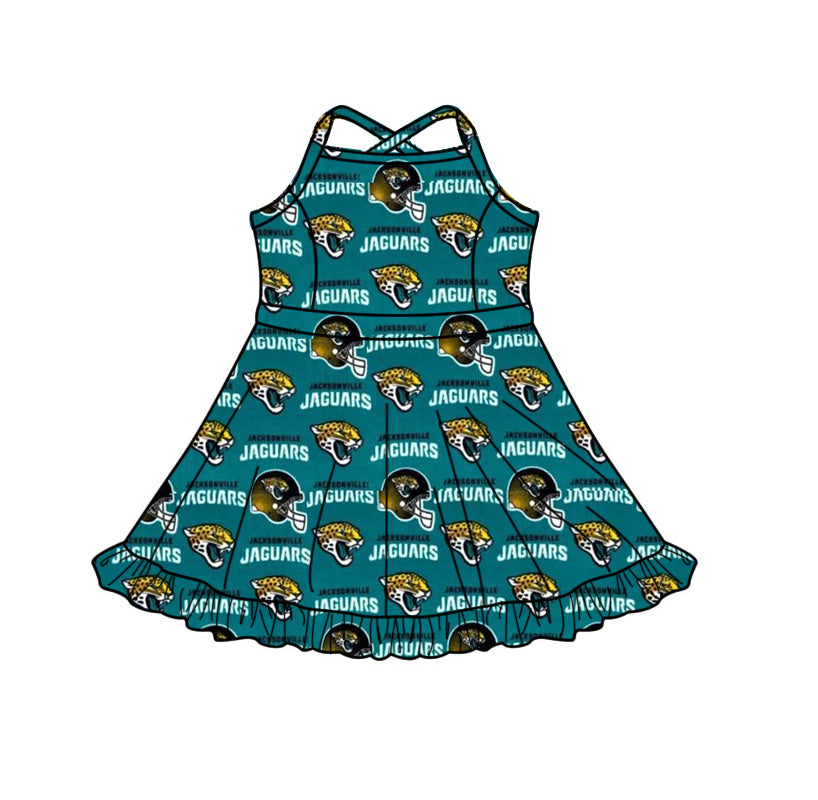 (Custom Preorder MOQ 5) Teams Jaguars Print Girls Strap Ruffle Knee Length Yoga Dress