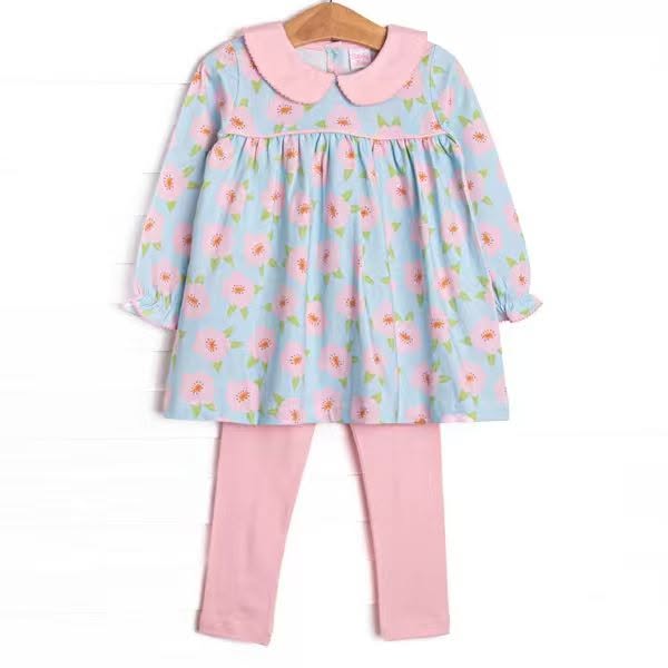 (Custom Design Preorder MOQ 5) Flowers Blue Tunic Top Pink Legging Pants Girls Doll Collar Clothes Set
