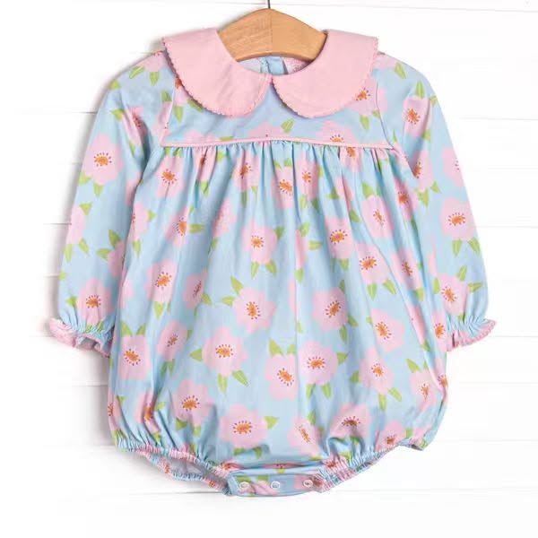 (Custom Design Preorder MOQ 5 ) Pink Flowers Blue Print Baby Girls Doll Collar Romper