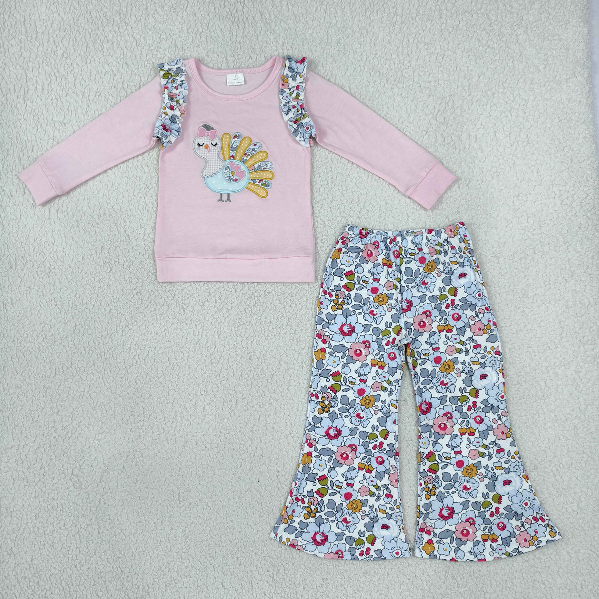 GLP3597 Turkey Embroidery Pink Top Floral Bell Bottom Pants Girls Thanksgiving Outfit