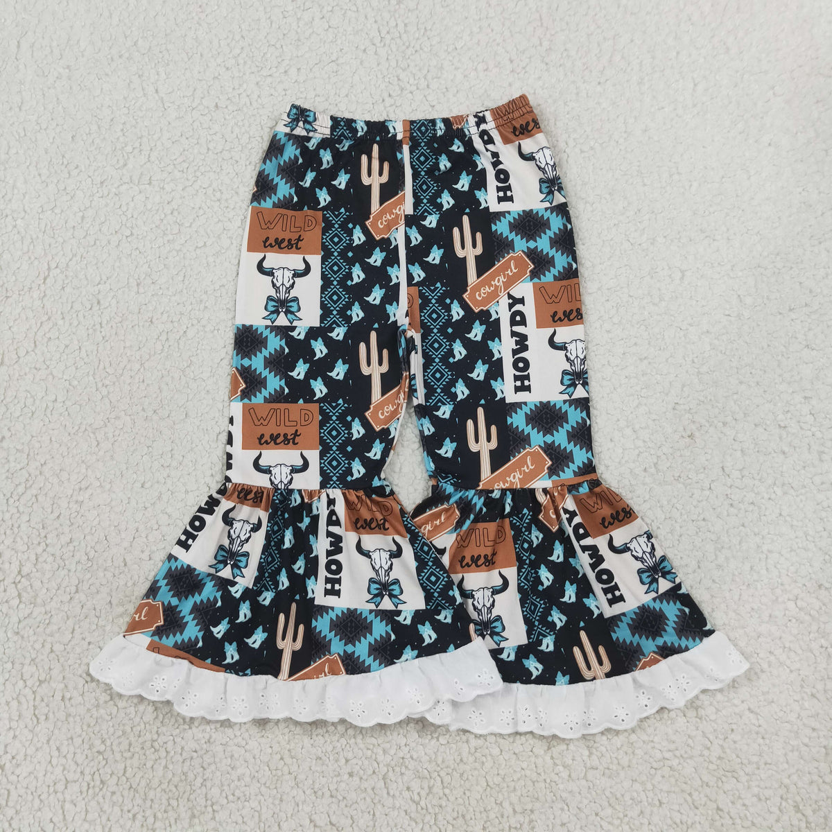 P0781 Cowgirls Wild West Aztec Bell Bottom Pants With Lace Ruffle