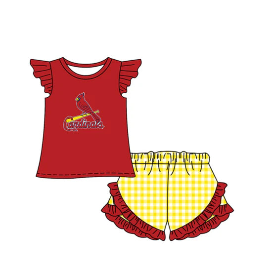 (Custom Preorder MOQ 5) Baby Girls Cardinals Top Checked Ruffle Short Team Outfit