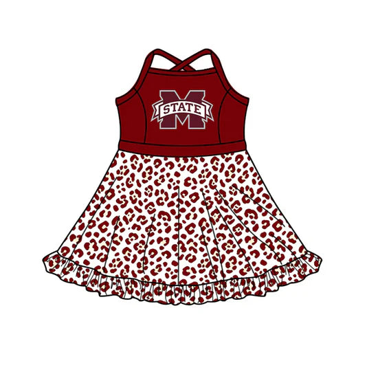 (Custom Preorder MOQ 5) Baby Girls Strap Leopard M State Team Knee Length Dress