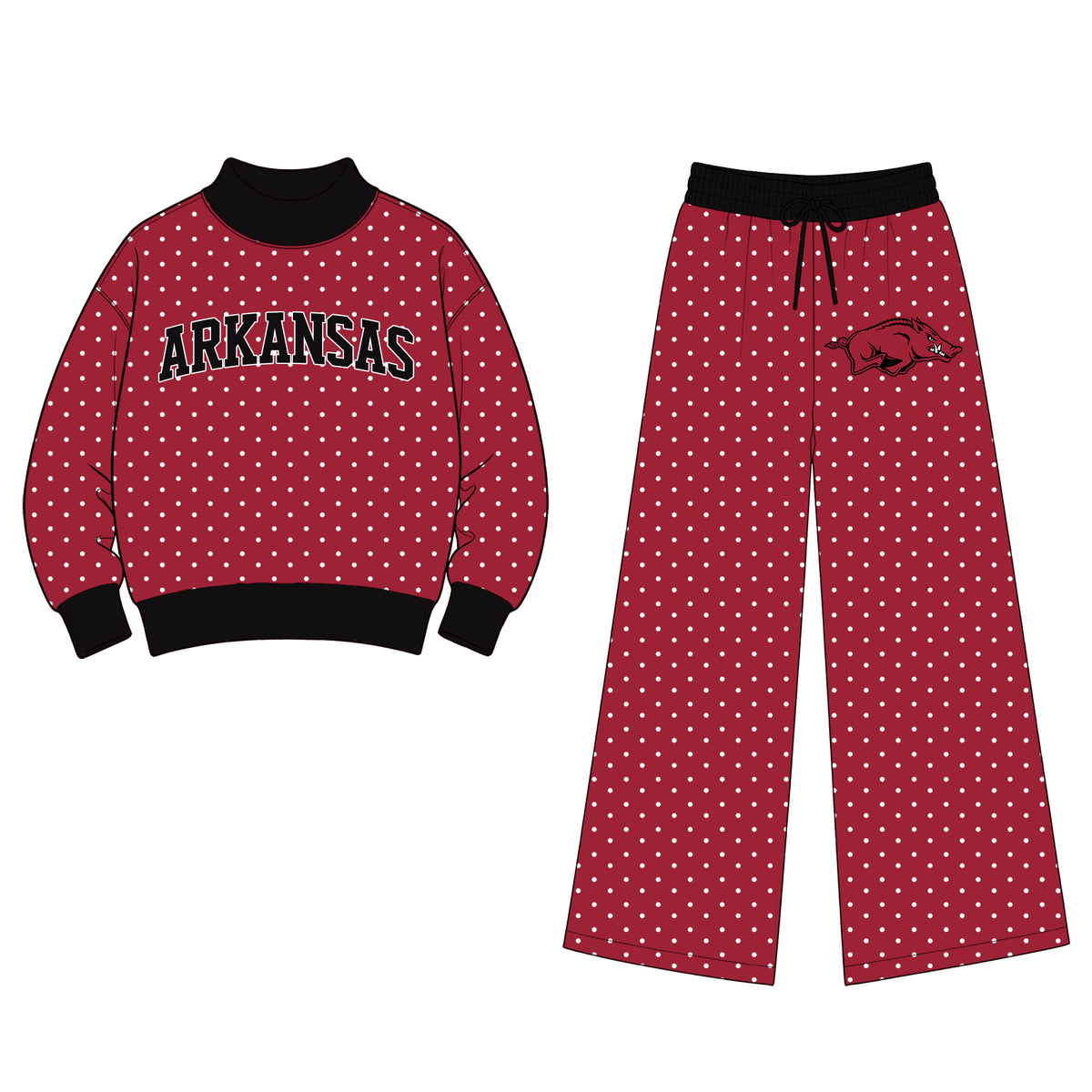 (Custom Design Preorder MOQ 5 Each) Teams ARKANSAS Polka Dots Mock Necks Top Logo Pockets Pants Girls & Woman Clothes Set