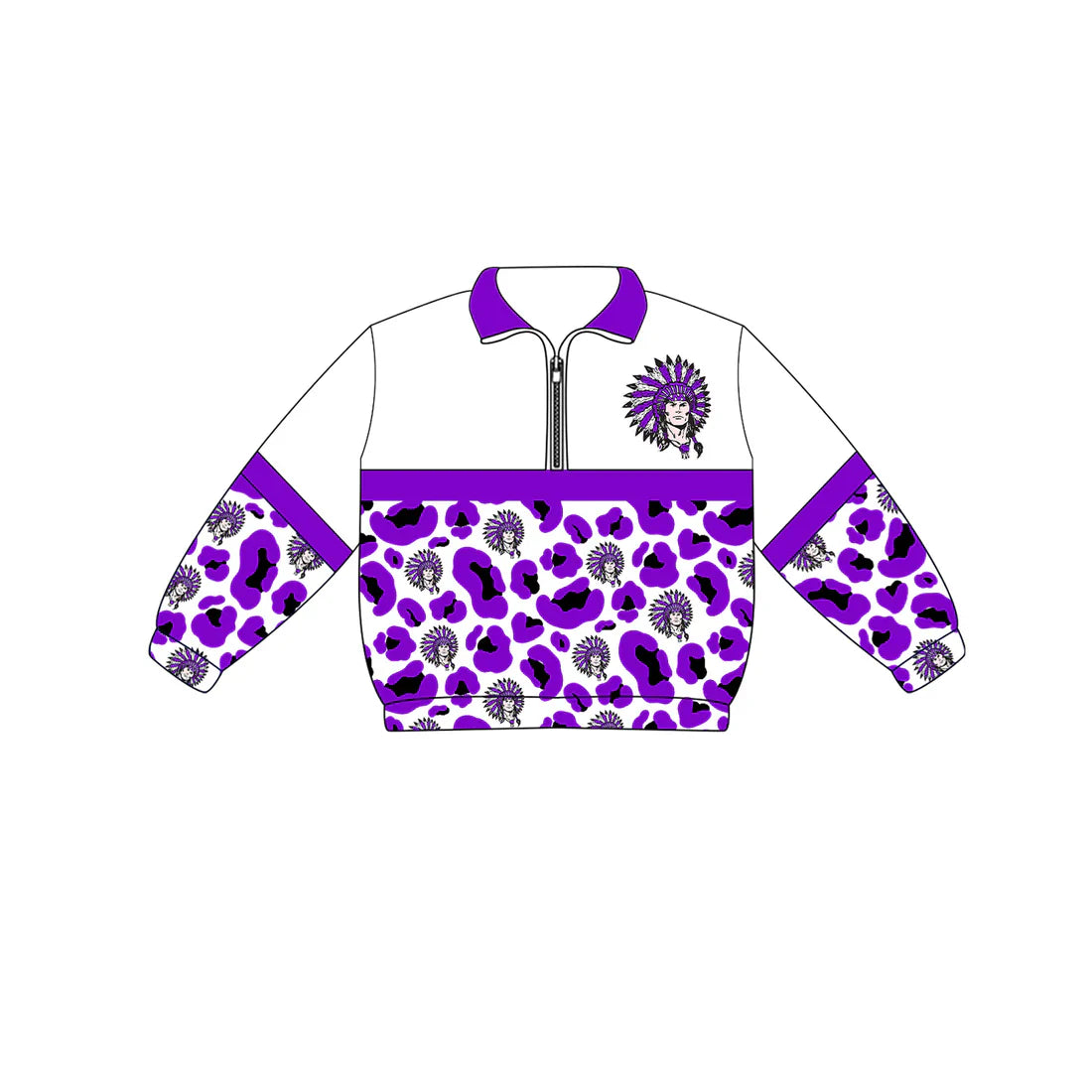 (Custom Preorder MOQ 5) Baby Boys Long Sleeve Purple Leopard Vikings Team Zip Pullovers Tops