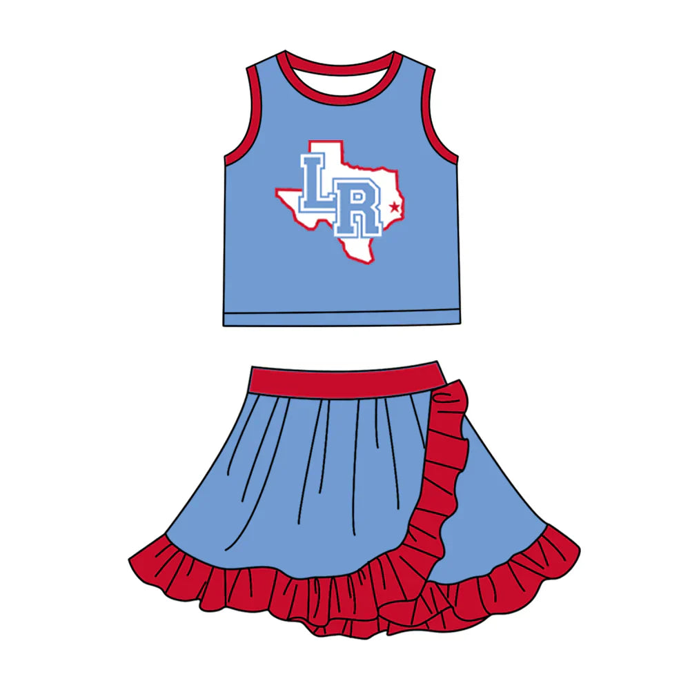 (Custom Preorder MOQ 5) Baby Girls Light Blue LR Vest Top Ruffle Skirt Short Team Clothes Sets