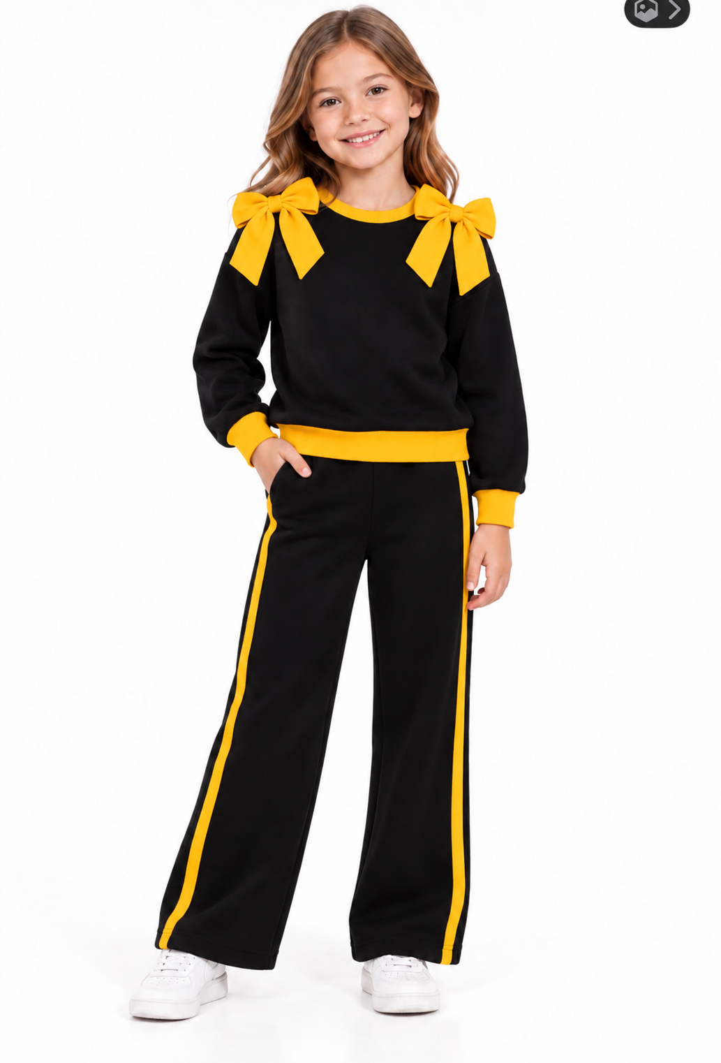 (Custom Design Preorder MOQ 5) Teams Black Cotton Blank Yellow Bows Top Pockets Pants Girls Clothes Set