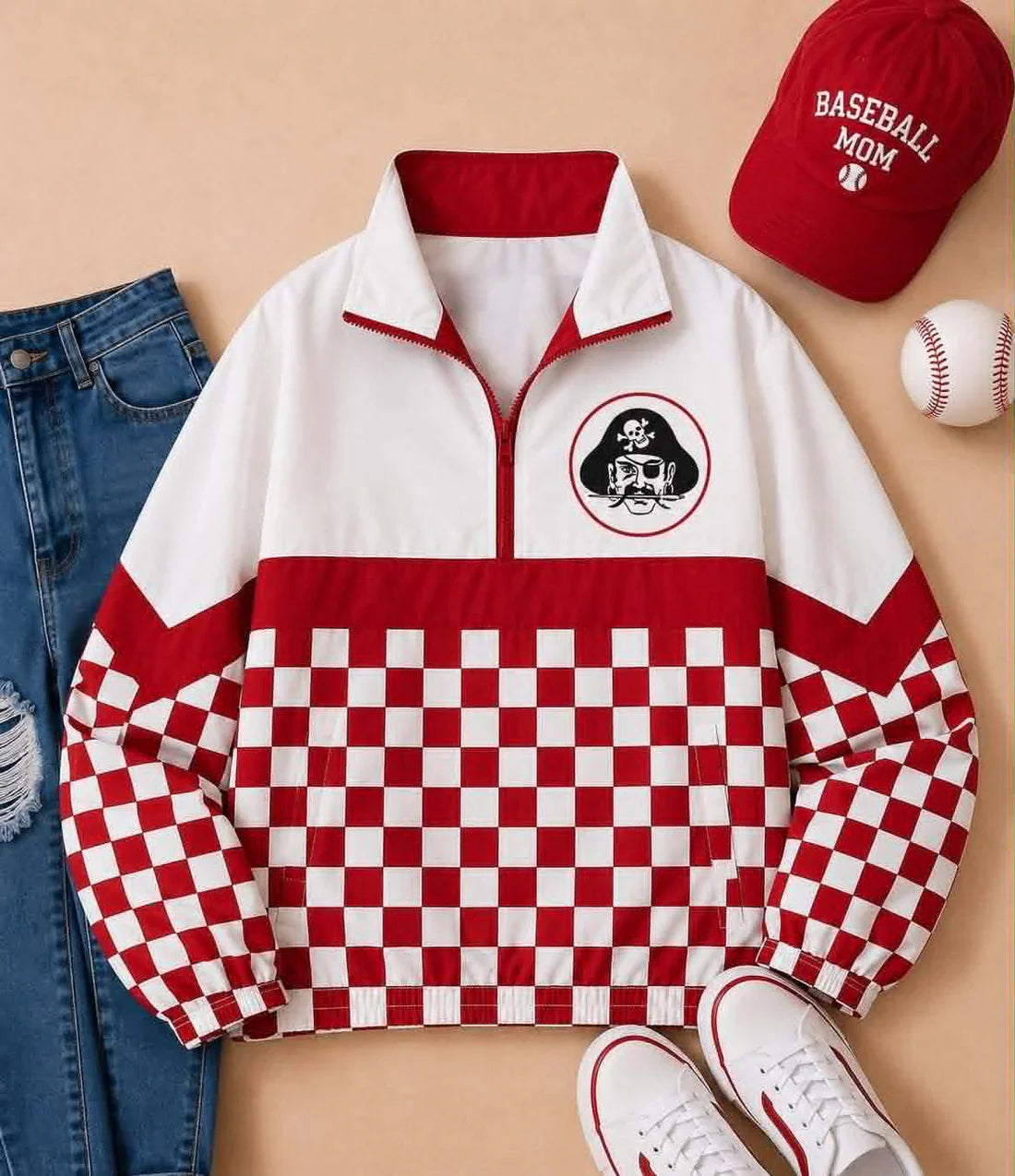 (Custom Preorder MOQ 5) Baby Boys Long Sleeve Red Checked Hankinson Pirates Team Zip Pullovers Tops