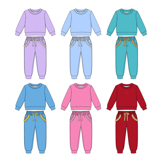 (Custom Design Preorder MOQ 5 Each) Solid Color Cotton Long Sleeve Top Ruffle Pants Girls Princess Clothes Set Sisters Wear