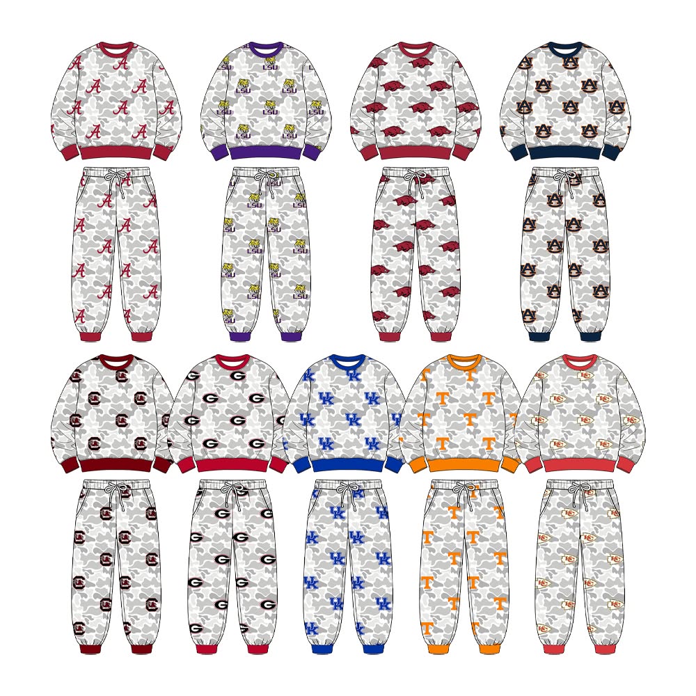 (Custom Design Preorder MOQ 5 Each)Teams Logo Camo Print Long Sleeve Top Pockets Pants Boys Clothes Set Brothers Wear