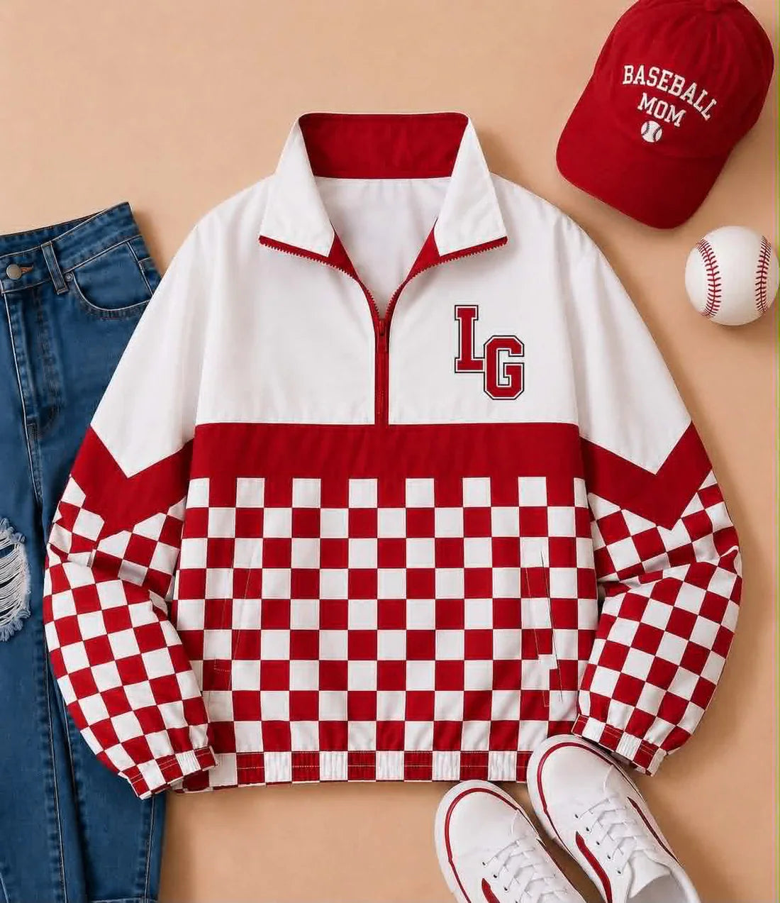 (Custom Preorder MOQ 5) Baby Boys Long Sleeve Red Checked LG Team Zip Pullovers Tops