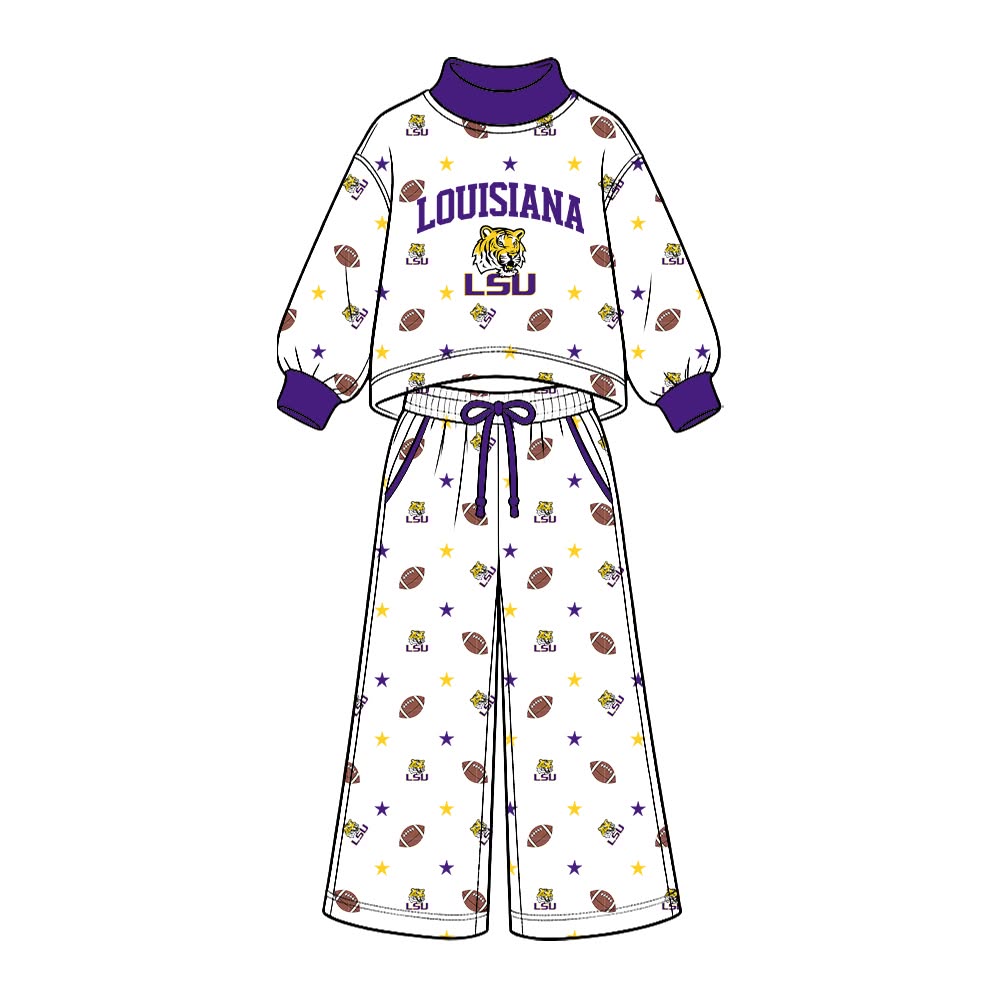 Preorder( 5 MOQ) BabyBoys Sport Team LSU Long Sleeve Mock Neck Top Wide Leg Pants Outfit