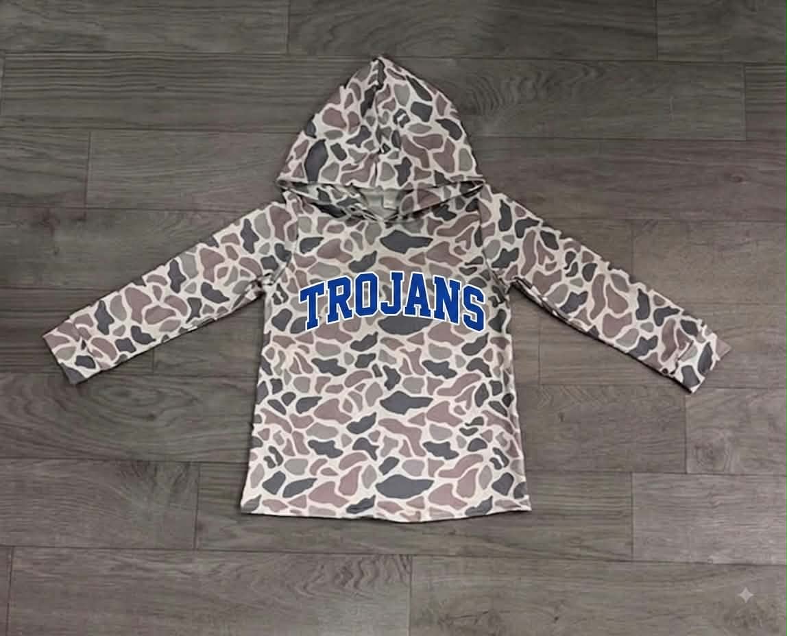 (Custom Design Preorder MOQ 5) Teams TROJANS Grey Camo Print Kids & Adult Hoodie Top