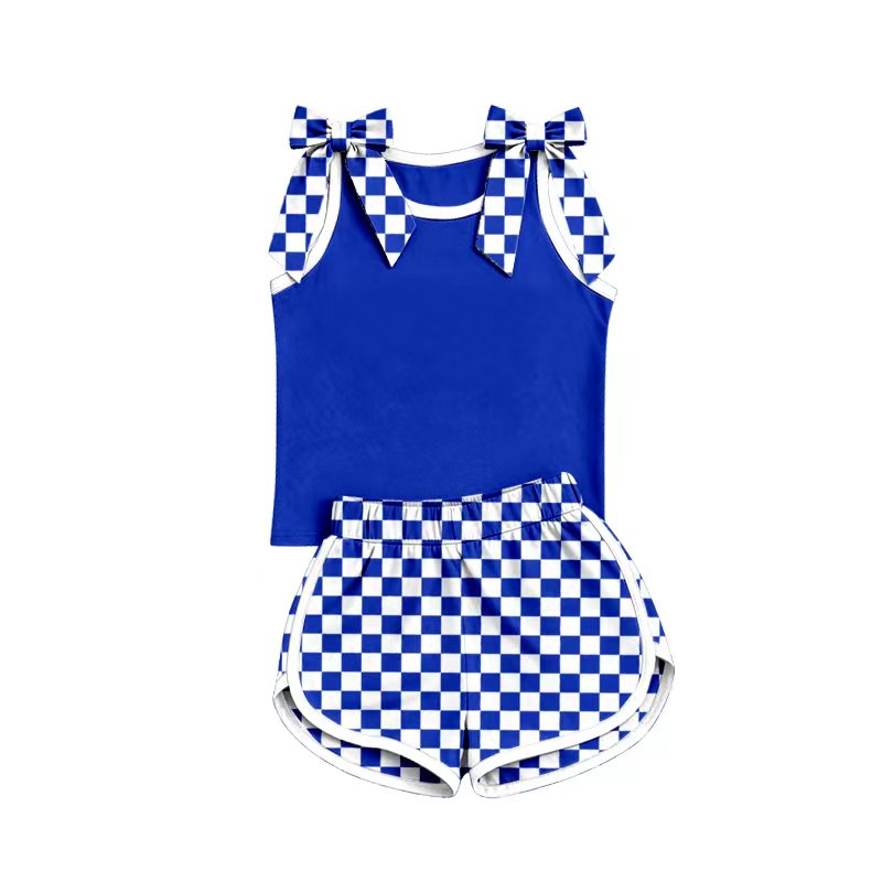 (Custom Design Preorder MOQ 5) Girls Bow Strap Royal blue Tank & Shorts Sport Team Outfit