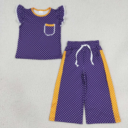 GSPO2366 Teams Purple Polka Dot Ruffle Sleeve Top Wide Leg Pants Girls Outfit