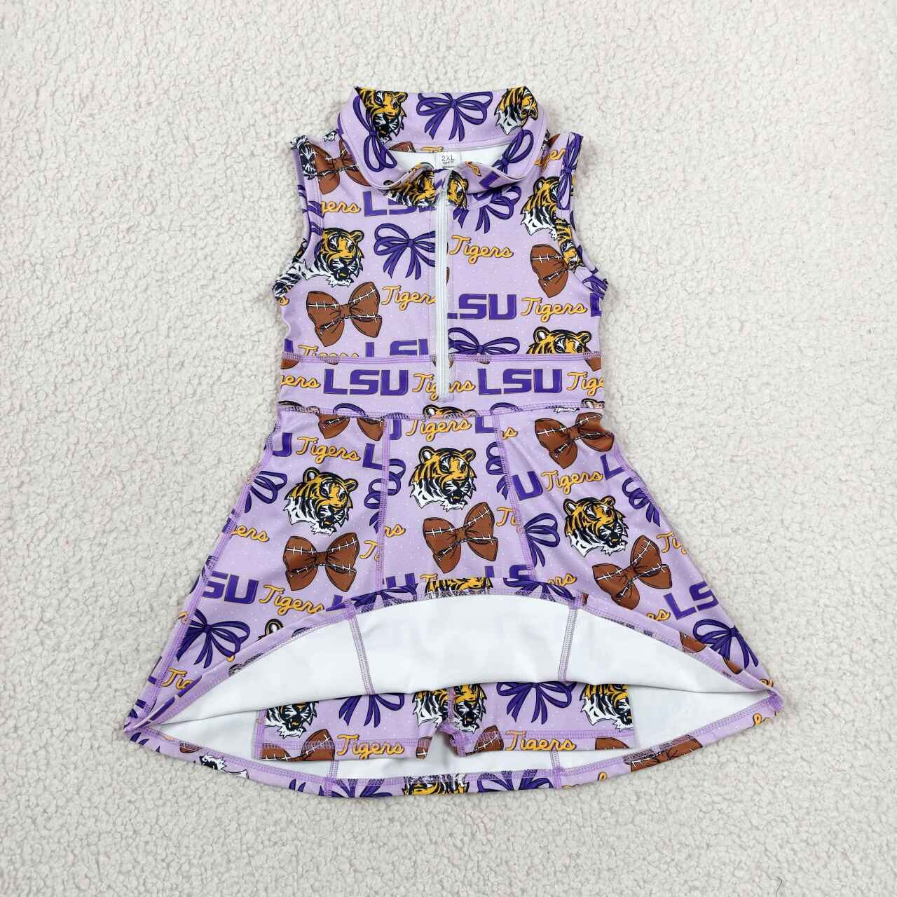 GSD3604 Baby Girls LSU Tiger Footballs Team Yoga Active Shorts Knee Length Zipper Dresses