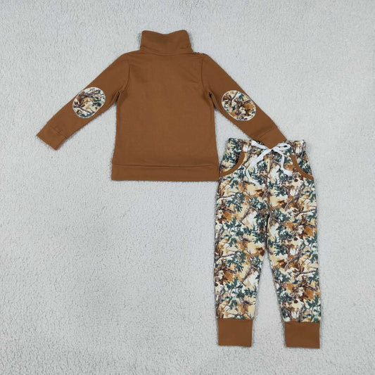 BLP1447 Brown Zipper Top Branch Camo Pockets Pants Boys Fall Clothes Set