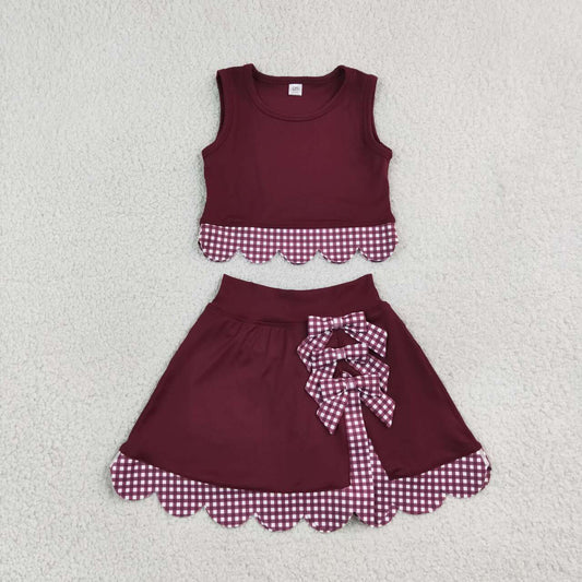 GSD4266 Burgundy Checkered Bows Girls Summer Scallop Yoga Clothes Set