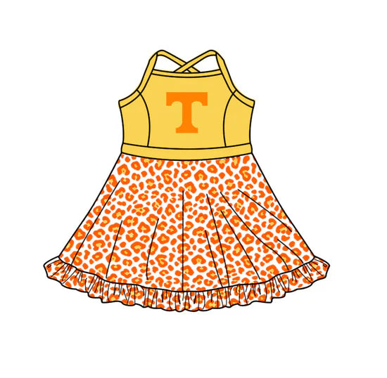(Custom Preorder MOQ 5) Baby Girls Strap Leopard T Team Knee Length Dress