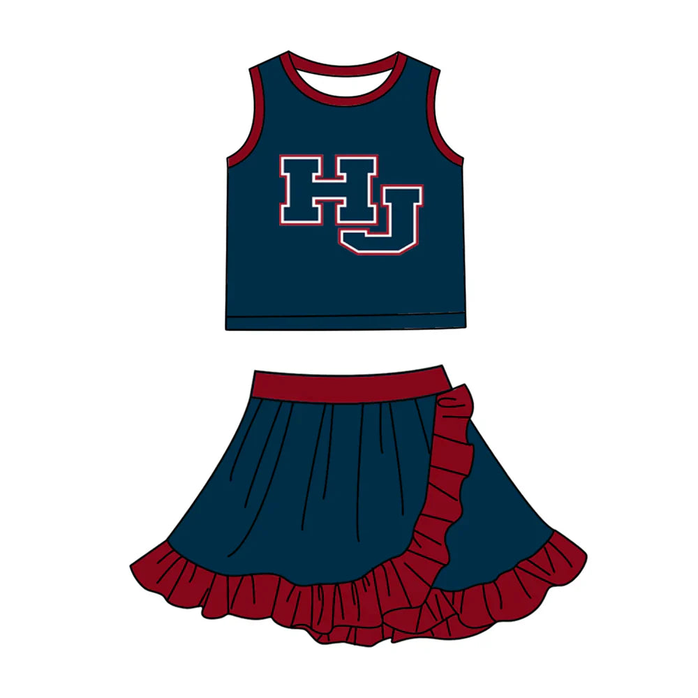 (Custom Preorder MOQ 5) Baby Girls Navy HJ Vest Top Ruffle Skirt Short Team Clothes Sets